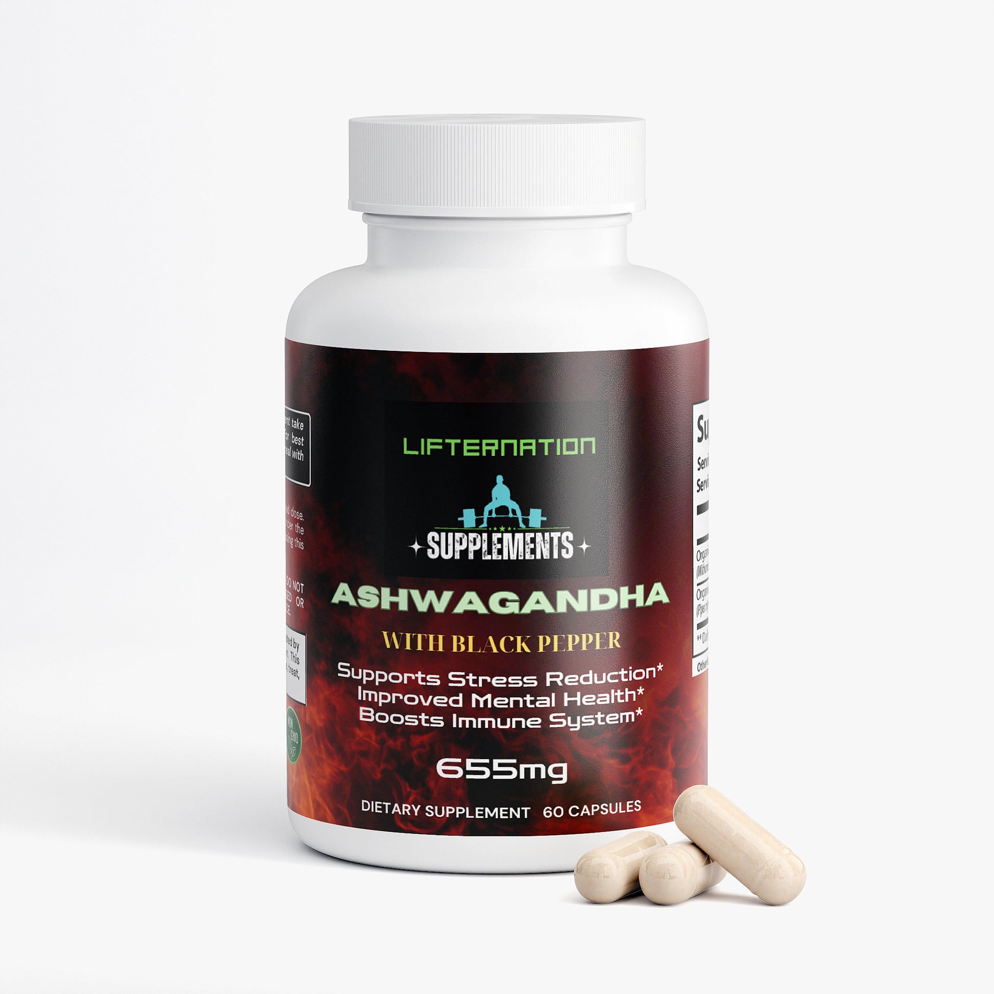 LifterNation Ashwagandha with Black Pepper (60 Capsules) Natural Extracts LifterNation Supplements